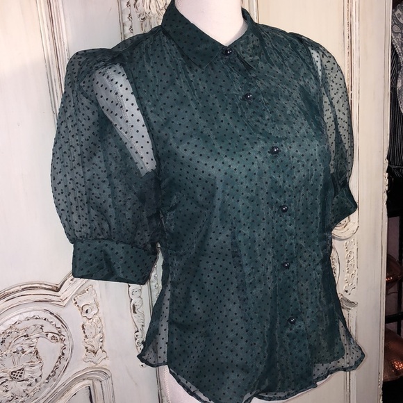 Haute Monde  Sheer Dotted Swiss Puffed Sleeve Button Down Blouse Size Small - Picture 2 of 11